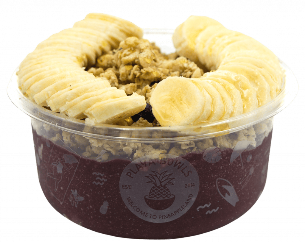 Pure acai topped with granola, banana, honey