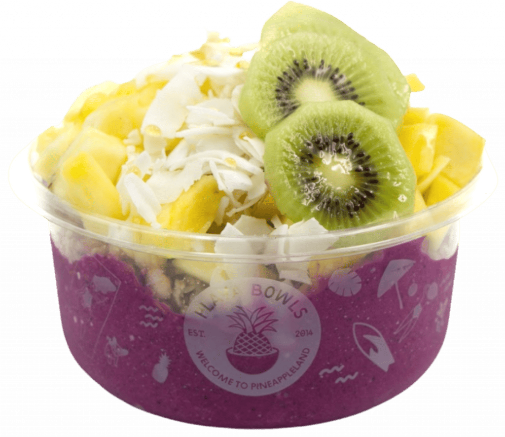 Pitaya blend topped with granola, kiwi, pineapple, mango, coconut flakes, honey